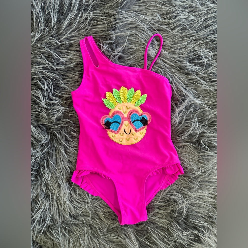 Pink One-Shoulder Swimsuit with Pineapple Design